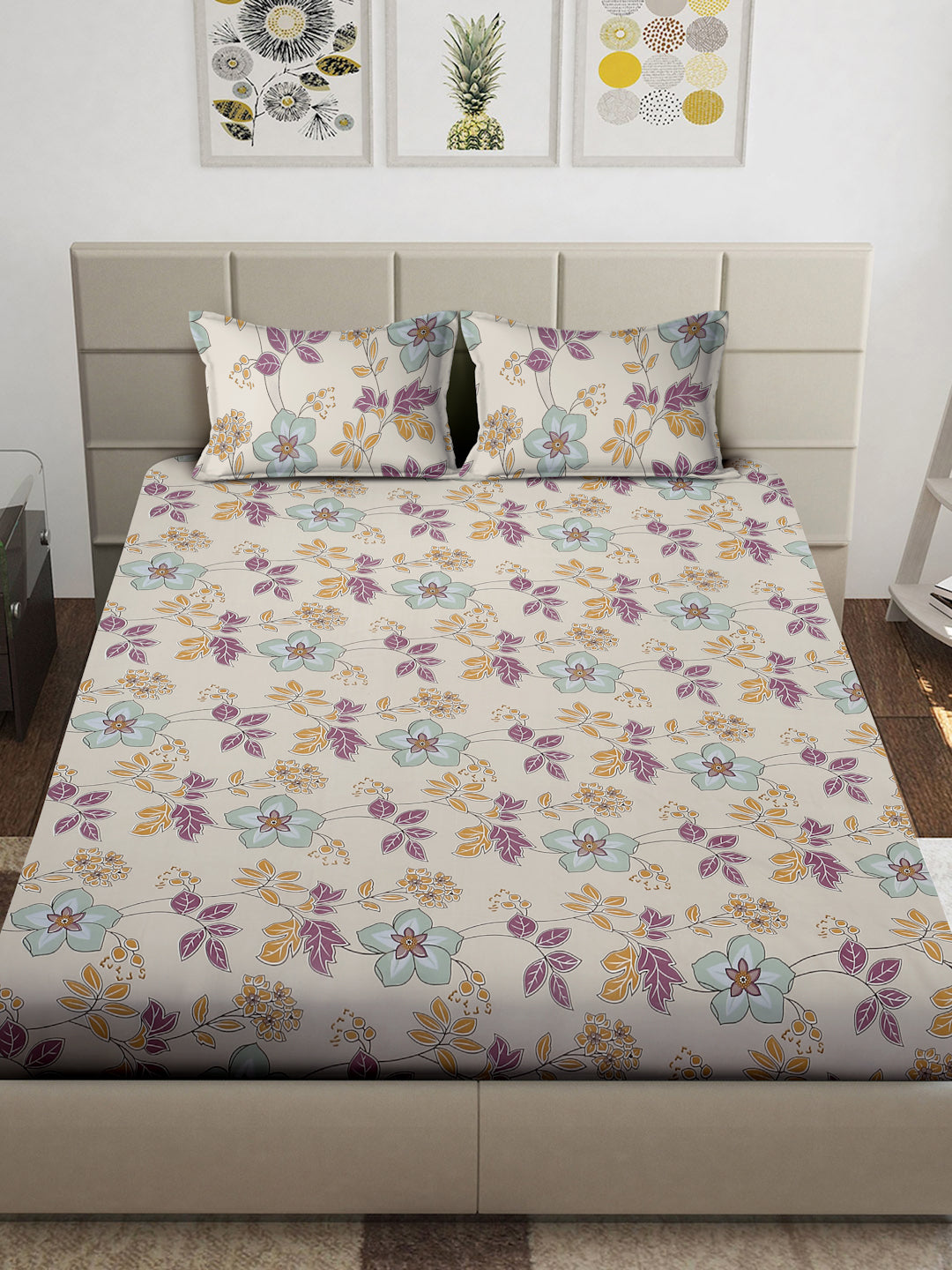 Arrabi Beige Floral TC Cotton Blend King Size Bedsheet with 2 Pillow Covers (250 x 215 cm)