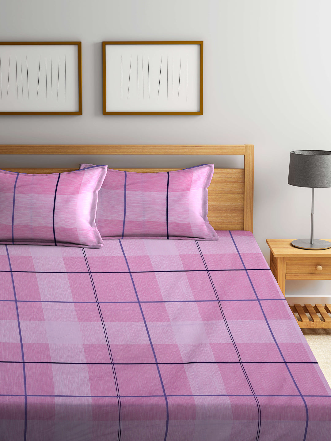Arrabi Pink Geometric TC Cotton Blend King Size Bookfold Bedsheet with 2 Pillow Covers (250 X 215 cm)