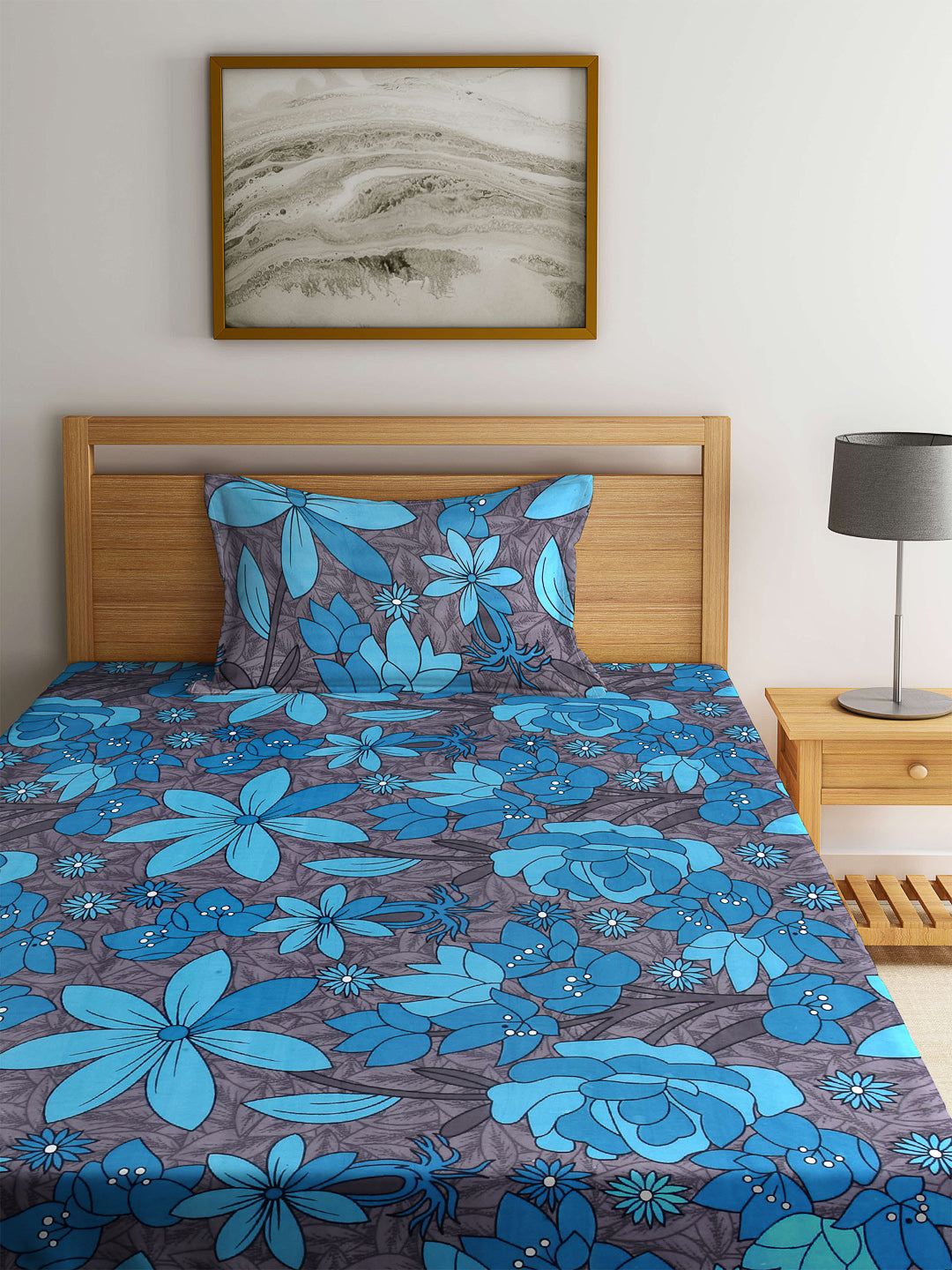 Arrabi Blue Floral TC Cotton Blend Single Size Fitted Bedsheet with 1 Pillow Cover (220 X 150 cm)