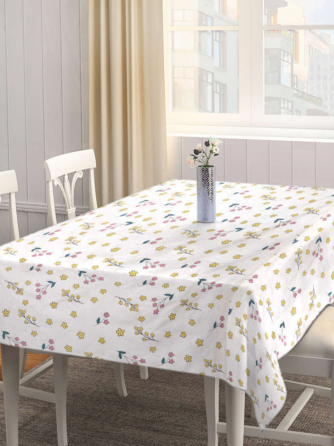 Arrabi Cream Floral Cotton Blend 6 SEATER Table Cover (180 X 130 cm)