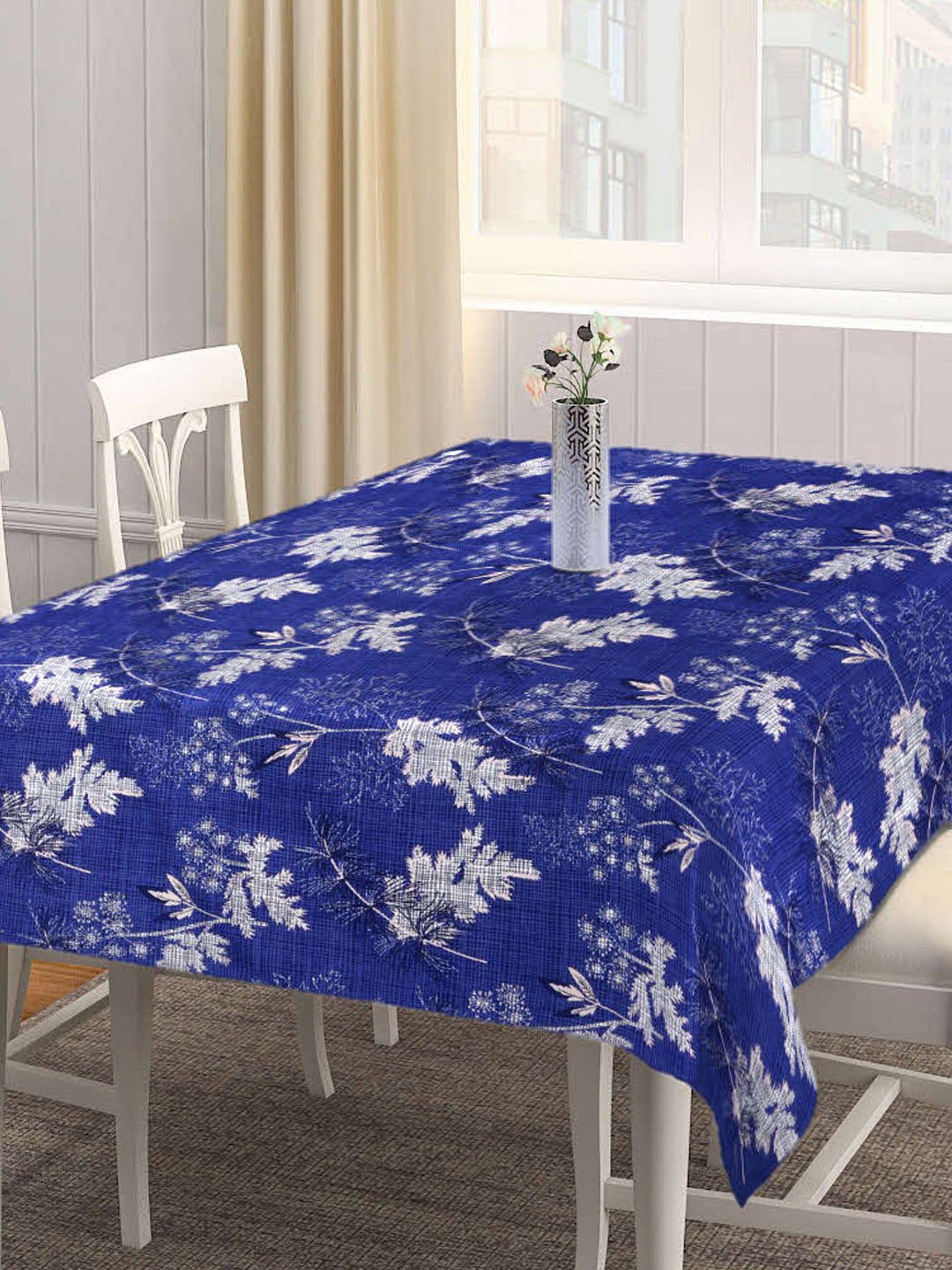 Arrabi Blue Leaf Cotton Blend 6 SEATER Table Cover (180 X 130 cm)