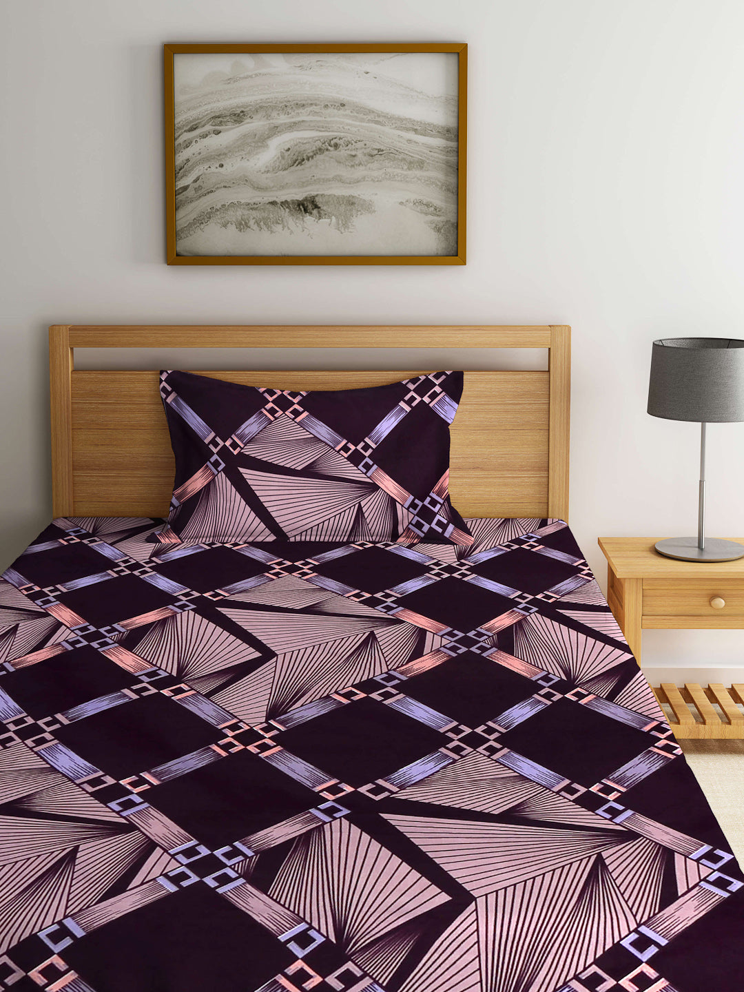 Arrabi Brown Geometric TC Cotton Blend Single Size Bedsheet with 1 Pillow Cover (215 x 150 cm)