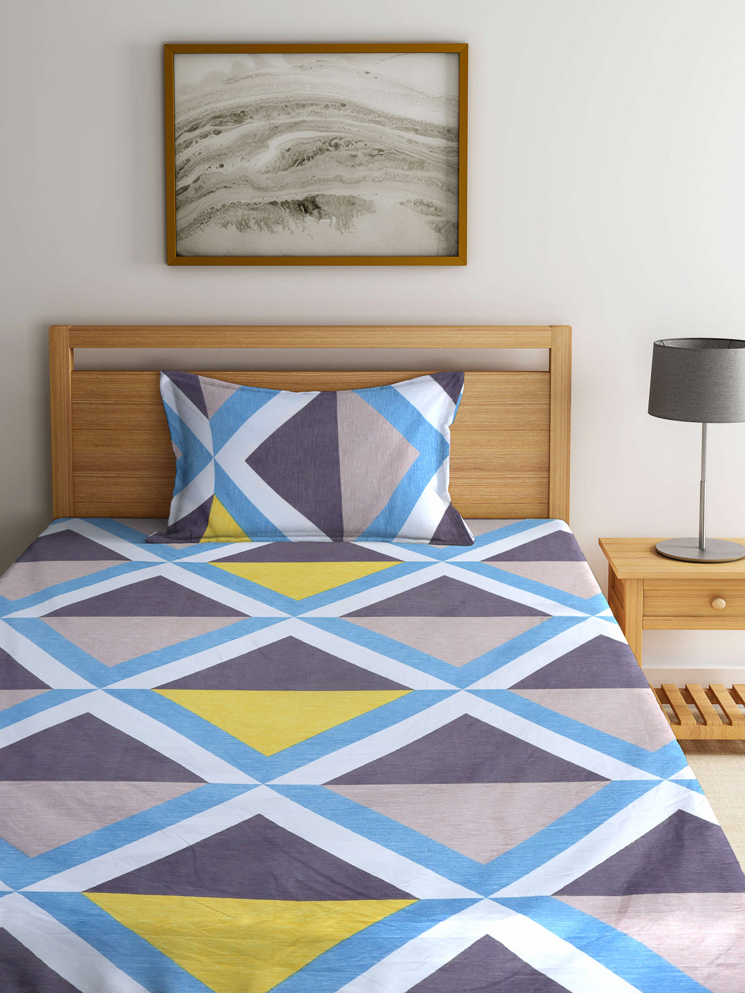 Arrabi Multi Geometric TC Cotton Blend Single Size Fitted Bedsheet with 1 Pillow Cover (215 X 150 cm)