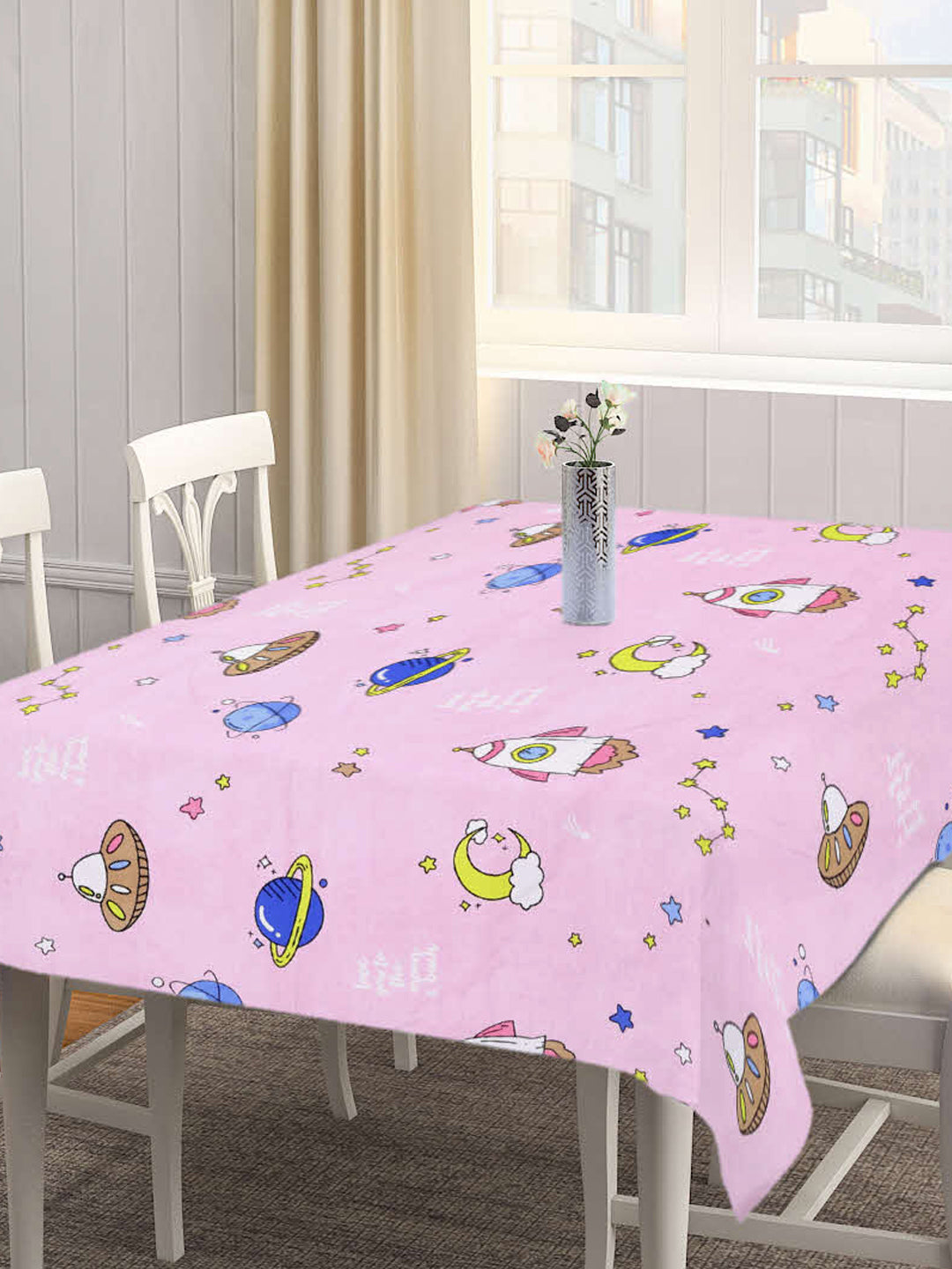 Arrabi Pink Cartoon Cotton Blend 6 SEATER Table Cover (180 X 130 cm)