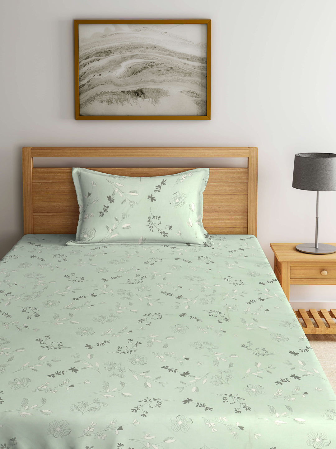 Arrabi Green Floral TC Cotton Blend Single Size Fitted Bedsheet with 1 Pillow Cover (215 x 150 cm)