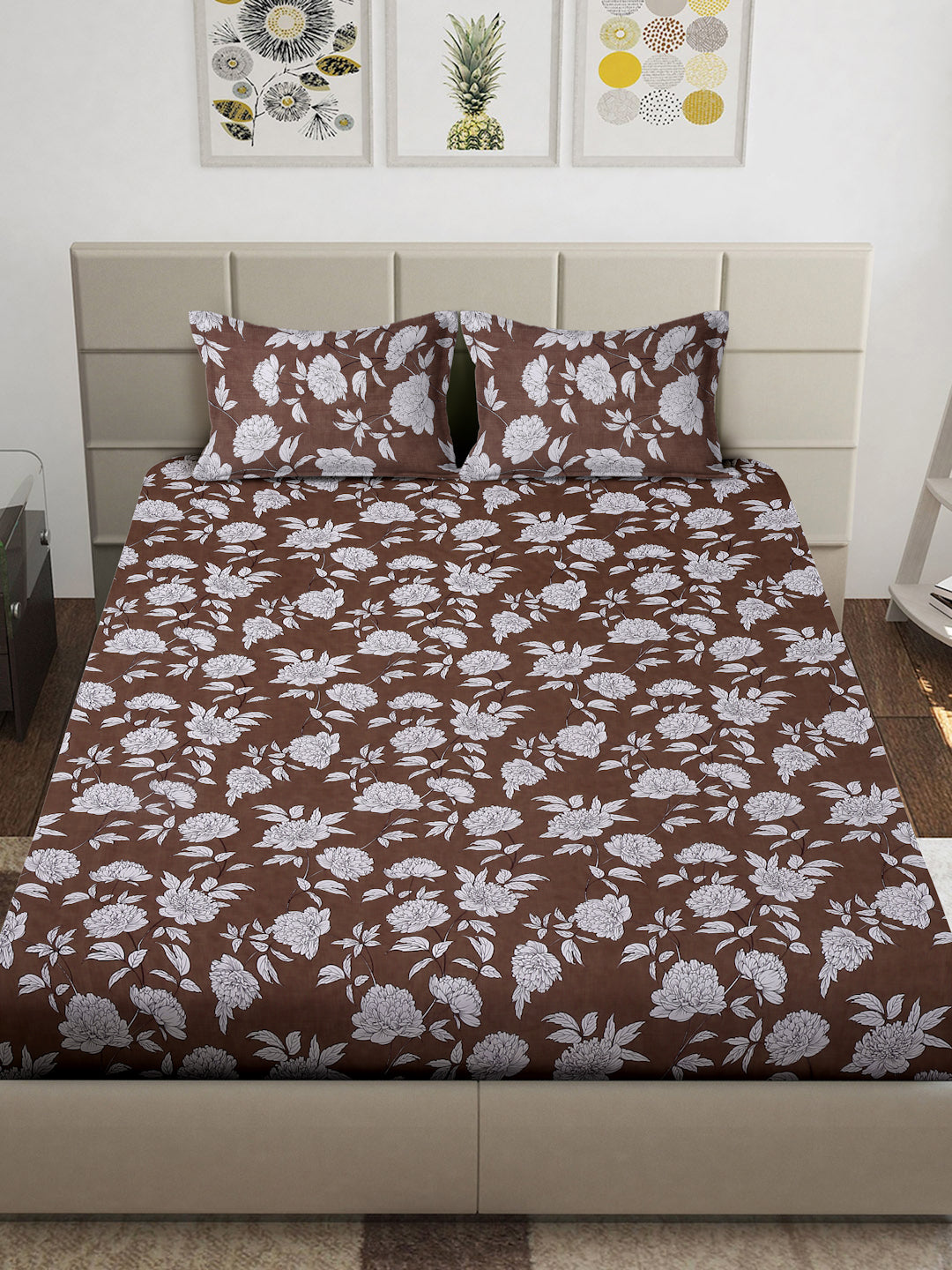 Arrabi Brown Floral TC Cotton Blend King Size Bedsheet with 2 Pillow Covers (250 x 215 cm)