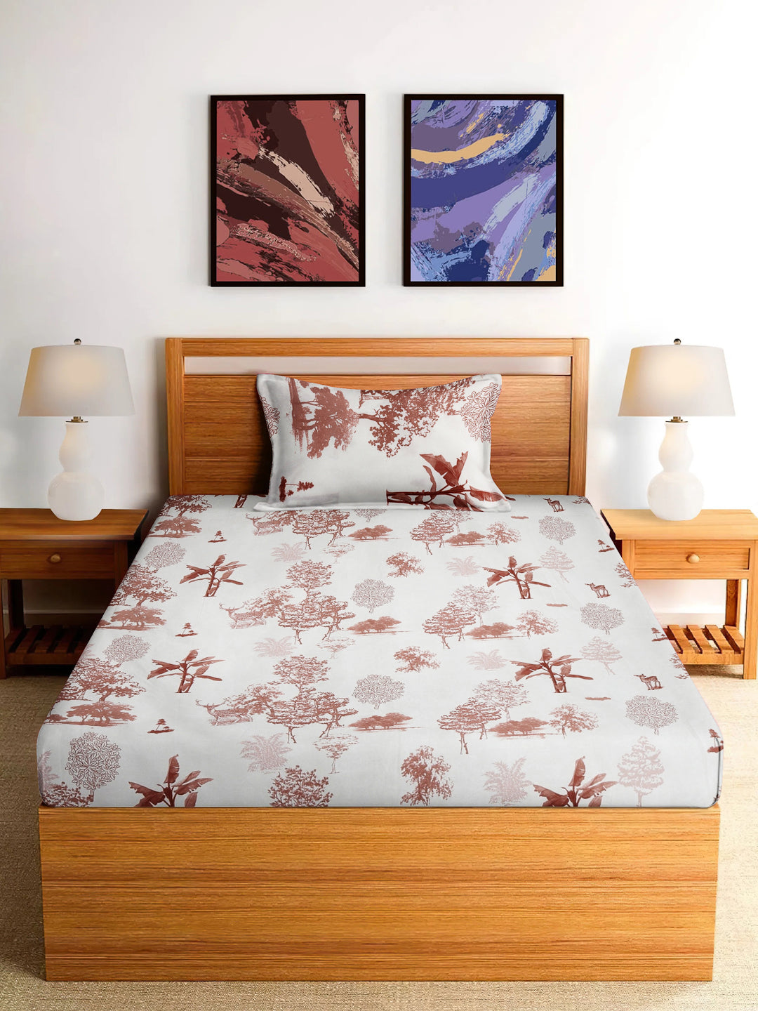 Arrabi Cream Leaf TC Cotton Blend Single Size Fitted Bedsheet with 1 Pillow Cover (215 x 150 cm)