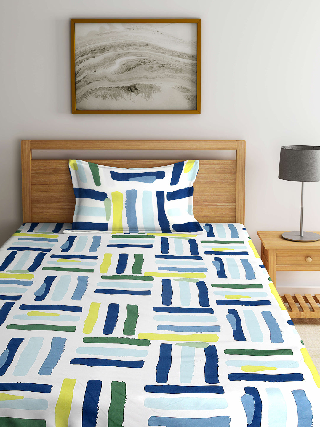 Arrabi Multi Geometric TC Cotton Blend Single Size Fitted Bedsheet with 1 Pillow Cover (215 X 150 cm)