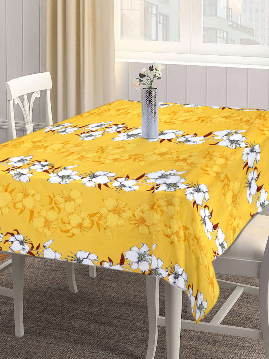 Arrabi Yellow Floral Cotton Blend 8 SEATER Table Cover (225 X 150 cm)