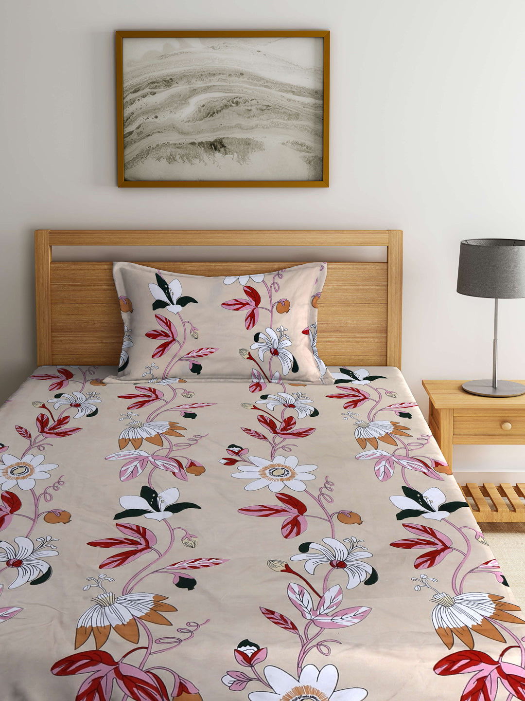Arrabi Brown Floral TC Cotton Blend Single Size Bedsheet with 1 Pillow Cover (215 x 150 cm)