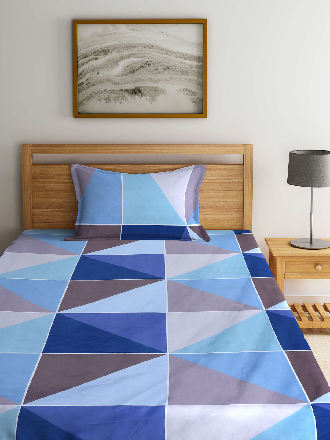 Arrabi Blue Geometric TC Cotton Blend Single Size Fitted Bedsheet with 1 Pillow Cover (215 X 150 cm)