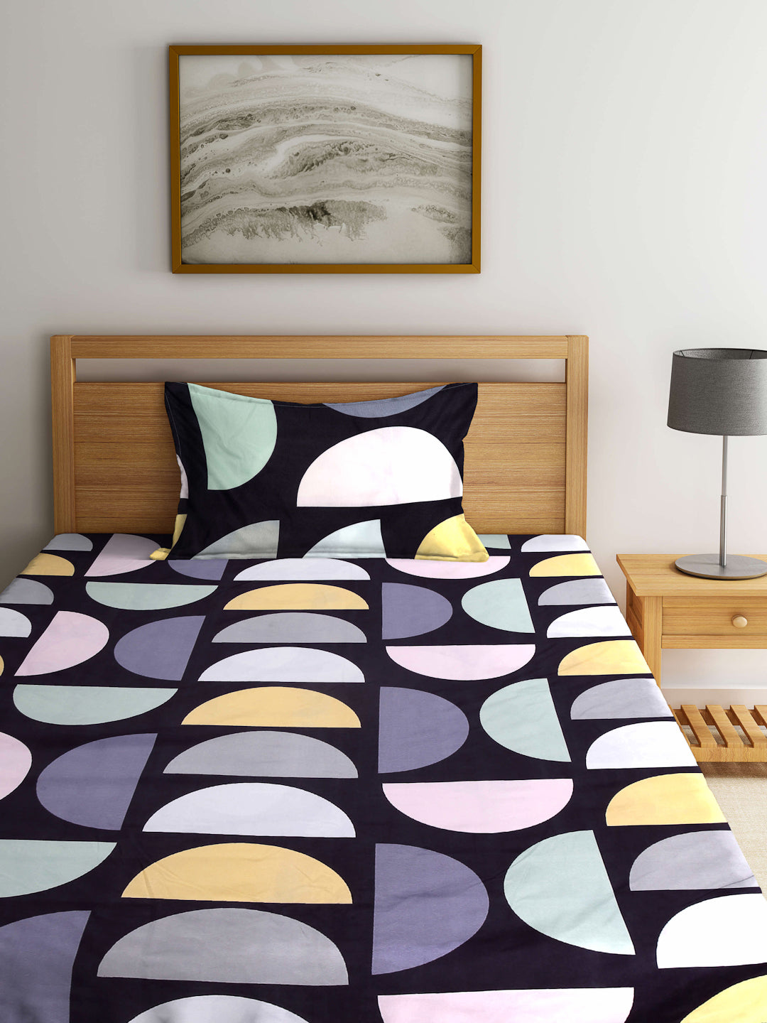 Arrabi Multi Geometric TC Cotton Blend Single Size Bedsheet with 1 Pillow Cover (215 x 150 cm)