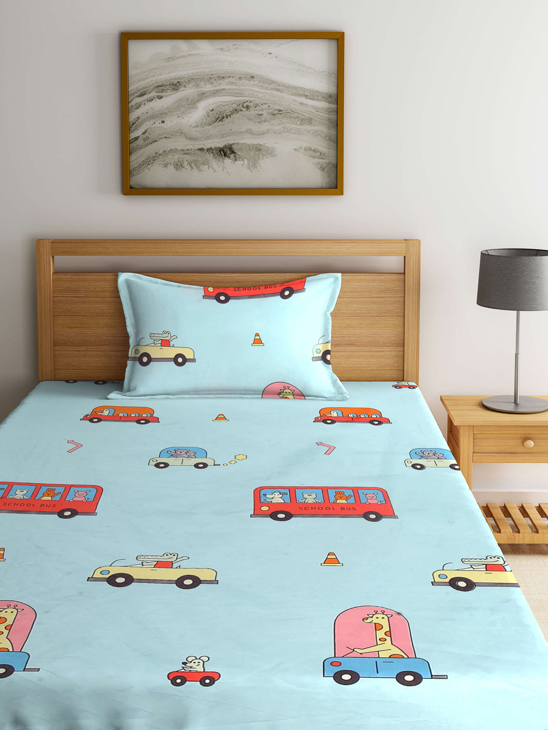 Arrabi Blue Cartoon TC Cotton Blend Single Size Bedsheet with 1 Pillow Cover (215 x 150 cm)