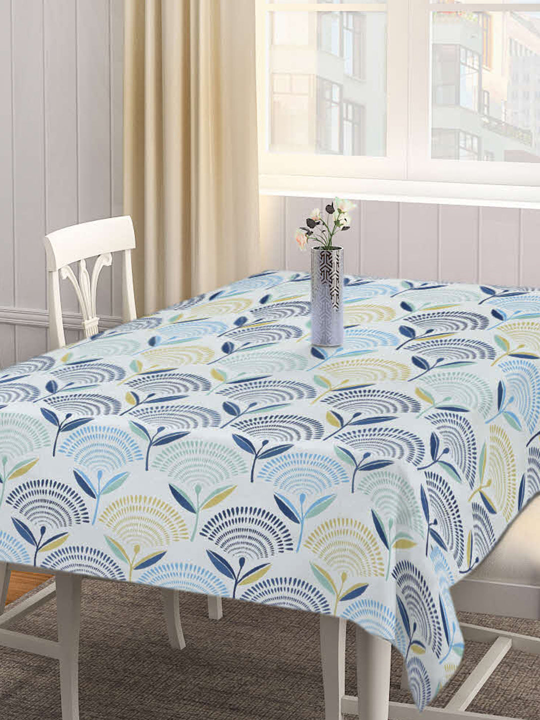 Arrabi Blue Leaf Cotton Blend 6 SEATER Table Cover (180 X 130 cm)