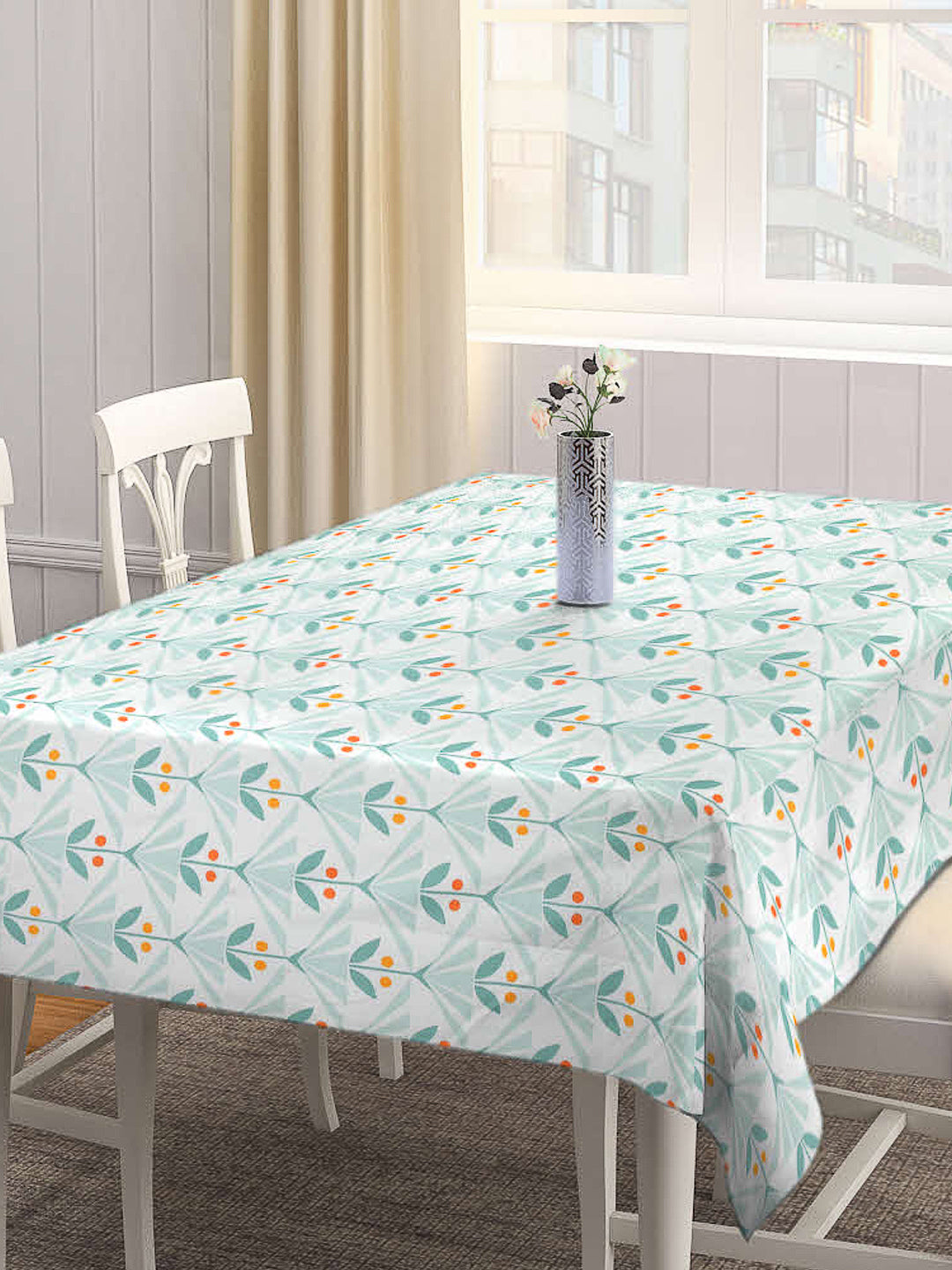 Arrabi Green Floral Cotton Blend 8 SEATER Table Cover (215 X 150 cm)