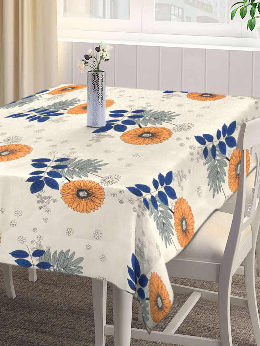 Arrabi Cream Floral Cotton Blend 8 SEATER Table Cover (215 x 150 cm)