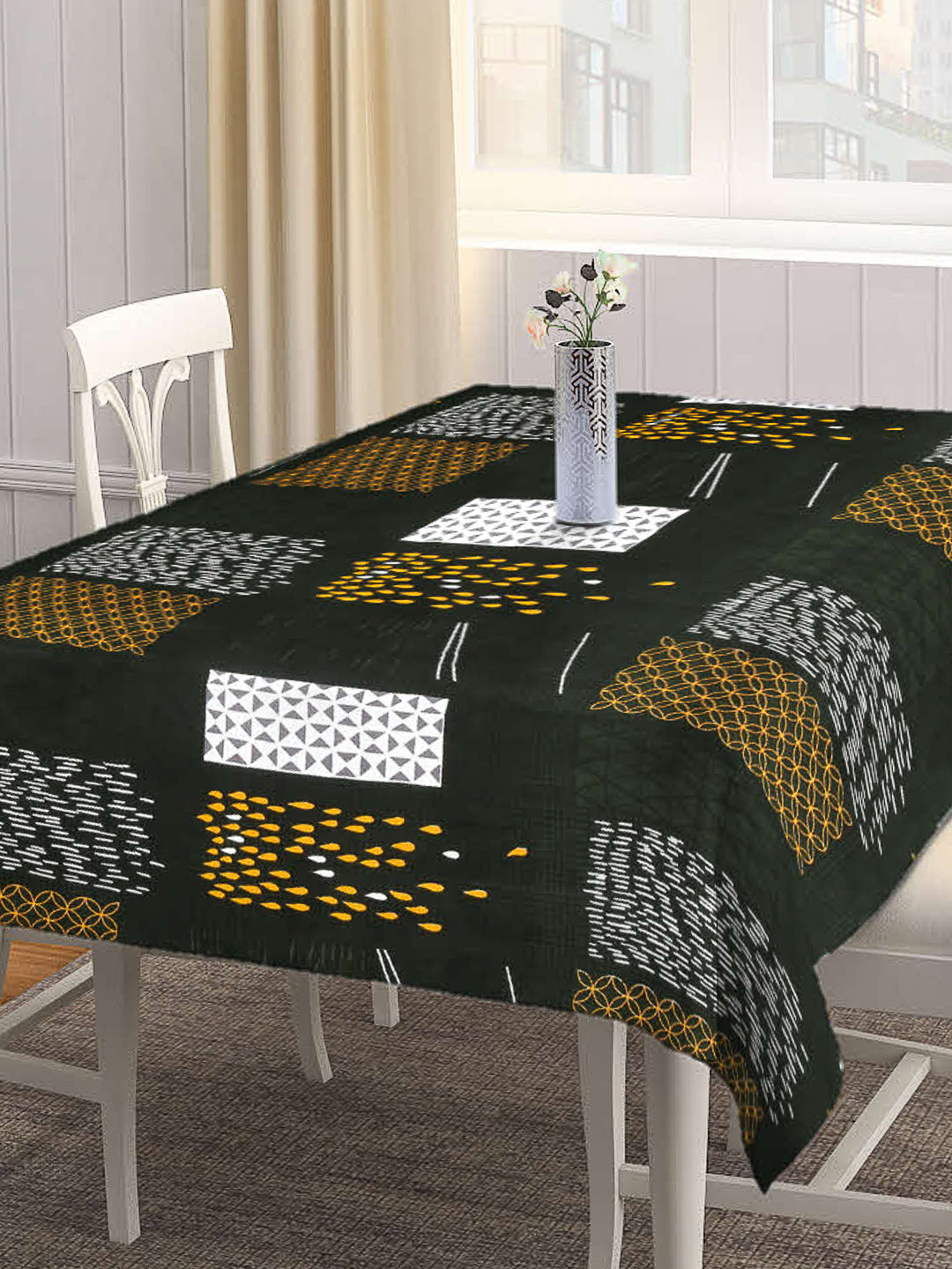 Arrabi Green Geometric Cotton Blend 8 SEATER Table Cover (215 X 150 cm)