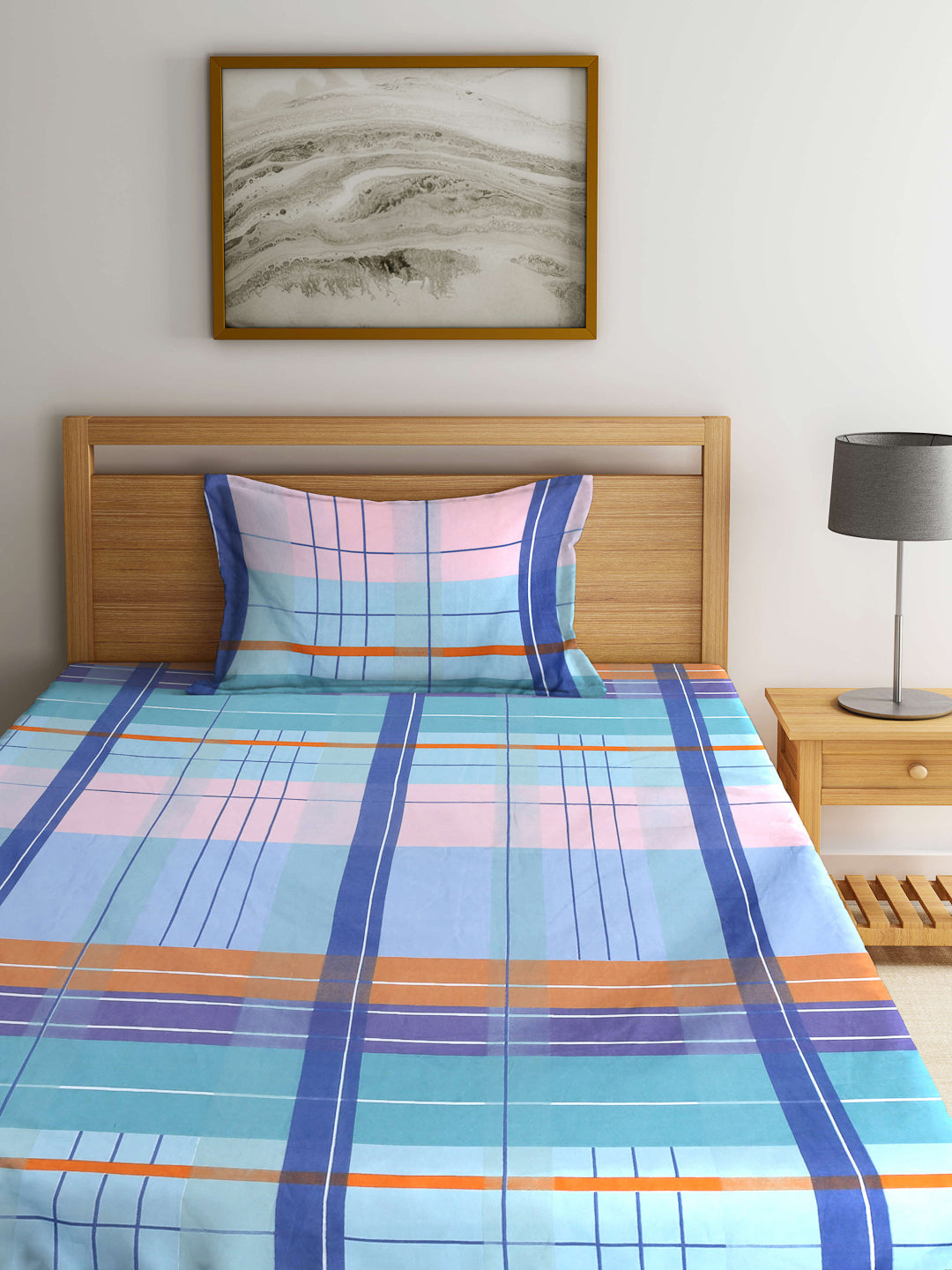 Arrabi Multi Stripes TC Cotton Blend Single Size Fitted Bedsheet with 1 Pillow Cover (215 X 150 cm)