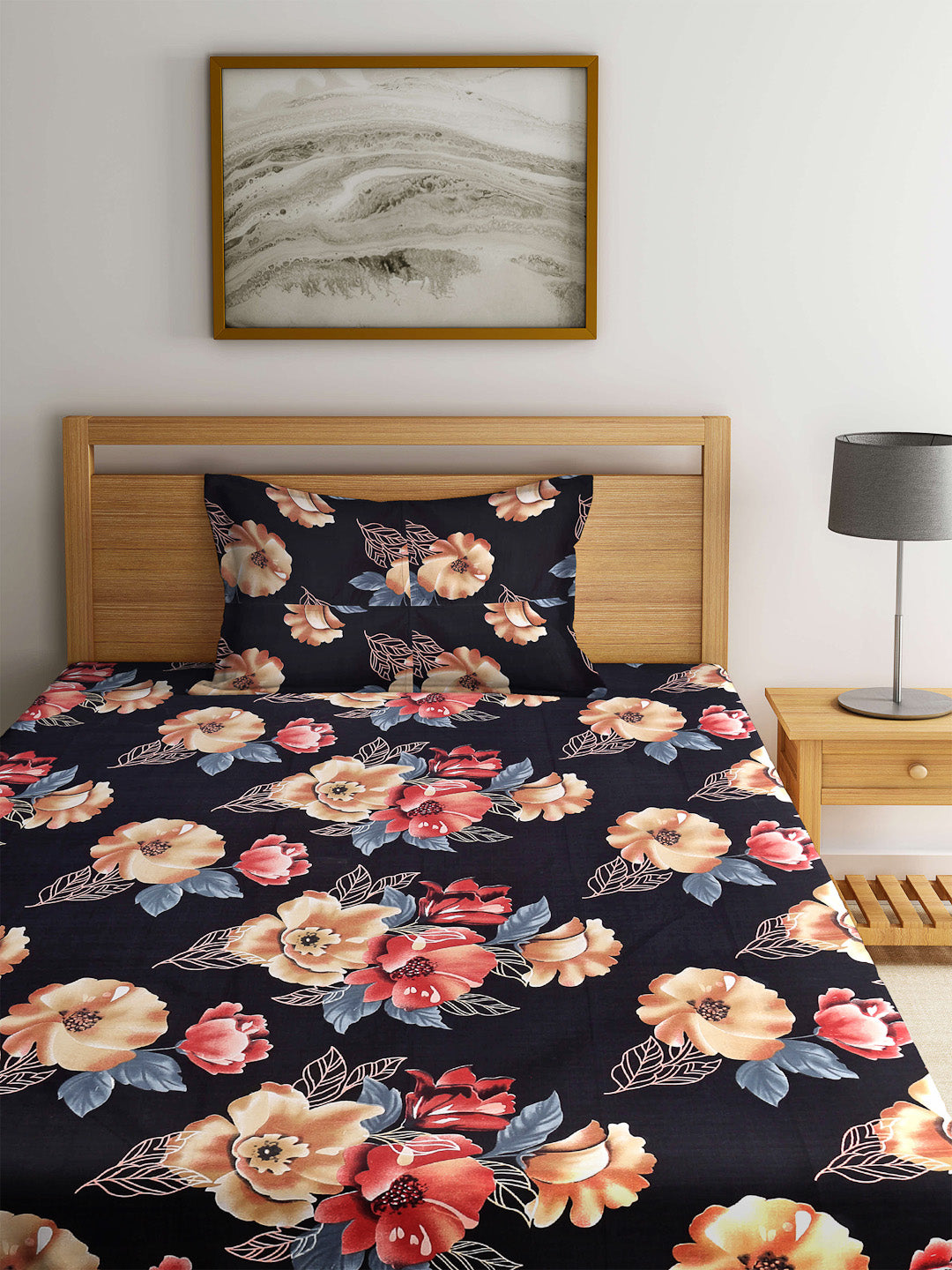 Arrabi Black Floral TC Cotton Blend Single Size Fitted Bedsheet with 1 Pillow Cover (220 X 150 cm)