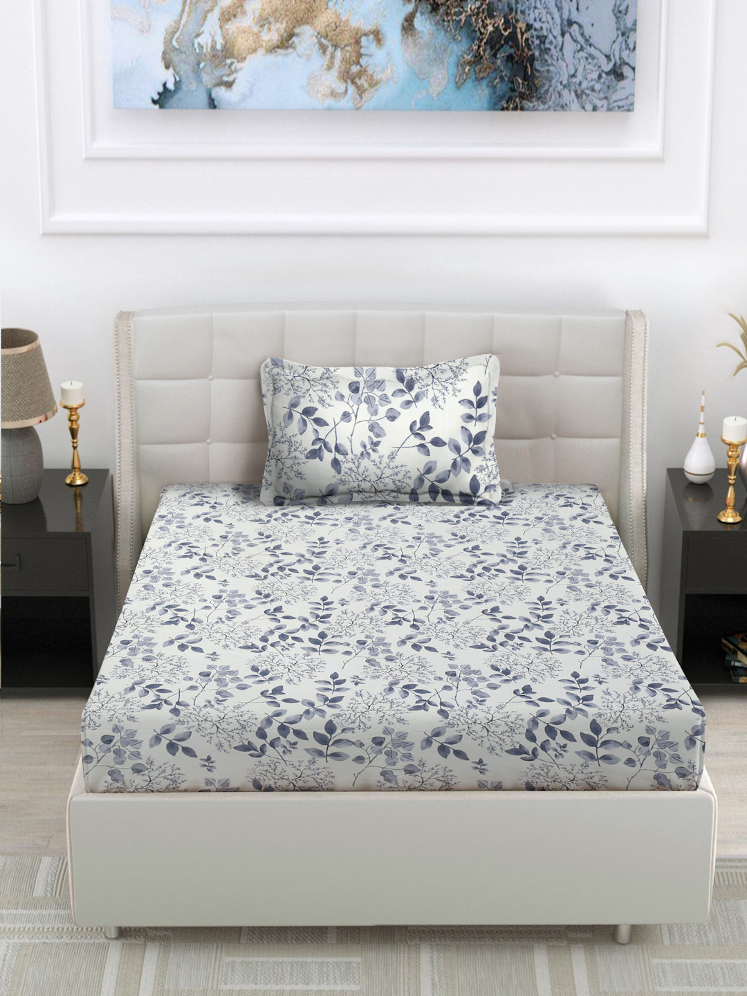 Arrabi Cream Leaf TC Cotton Blend Single Size Bedsheet with 1 Pillow Cover (215 x 150 cm)