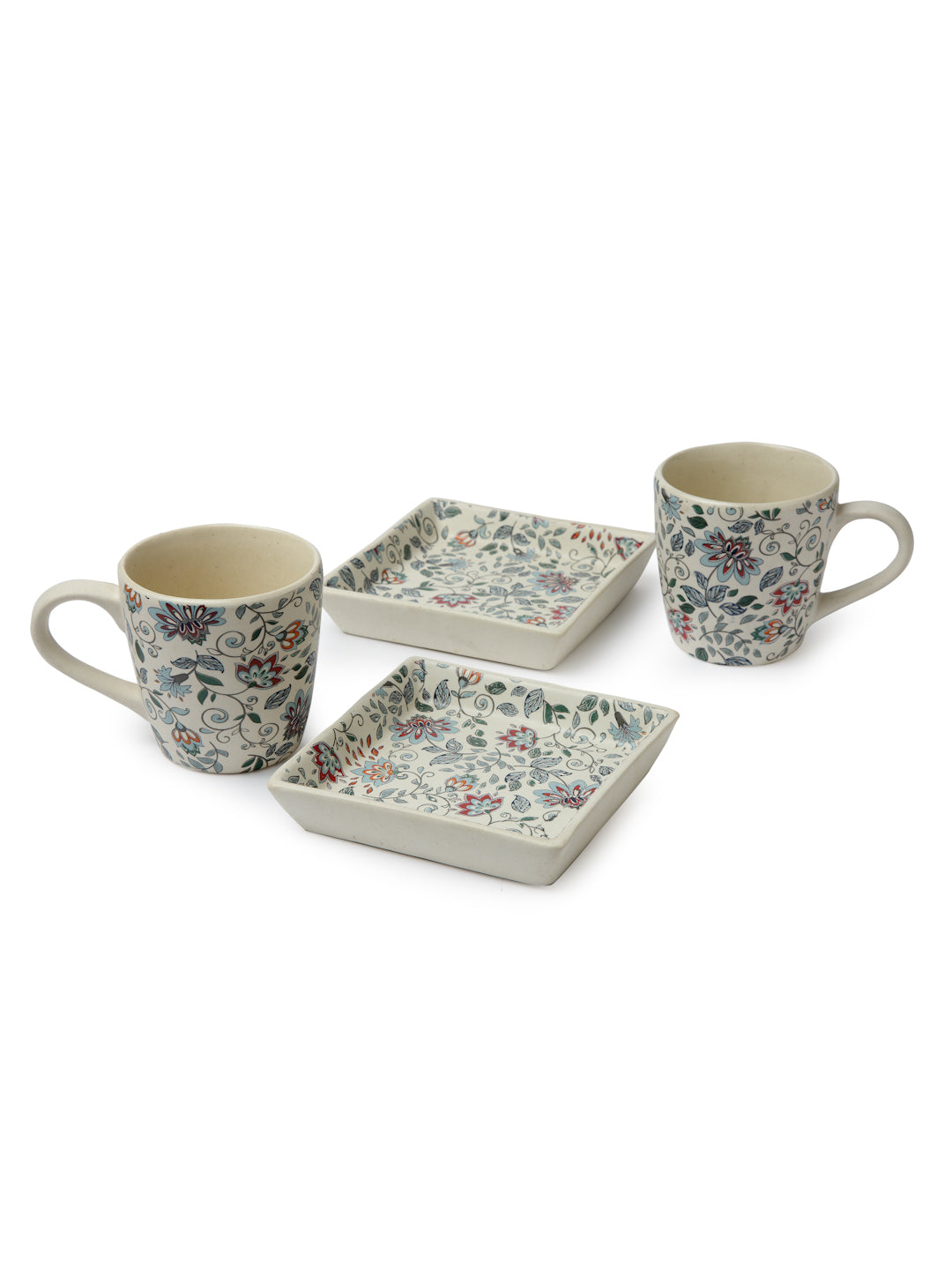 Floral Set of 2 Stoneware Mugs With 2 Tray