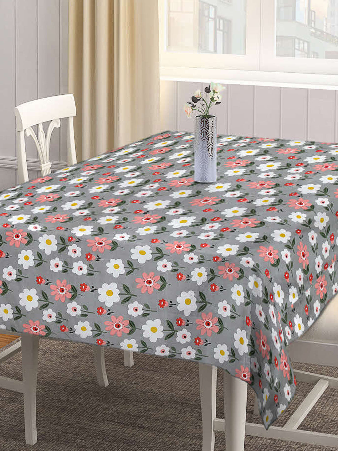 Arrabi Grey Floral Cotton Blend 8 SEATER Table Cover (215 X 150 cm)