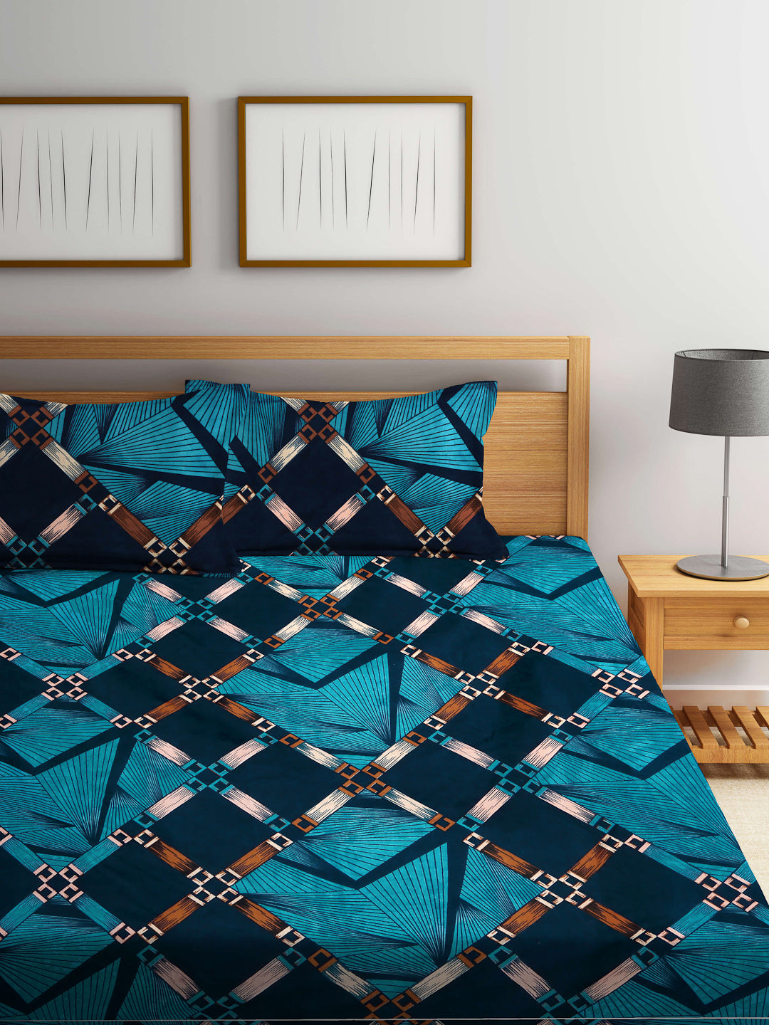 Arrabi Blue Geometric TC Cotton Blend King Size Fitted Bedsheet with 2 Pillow Covers (250 x 220 cm)