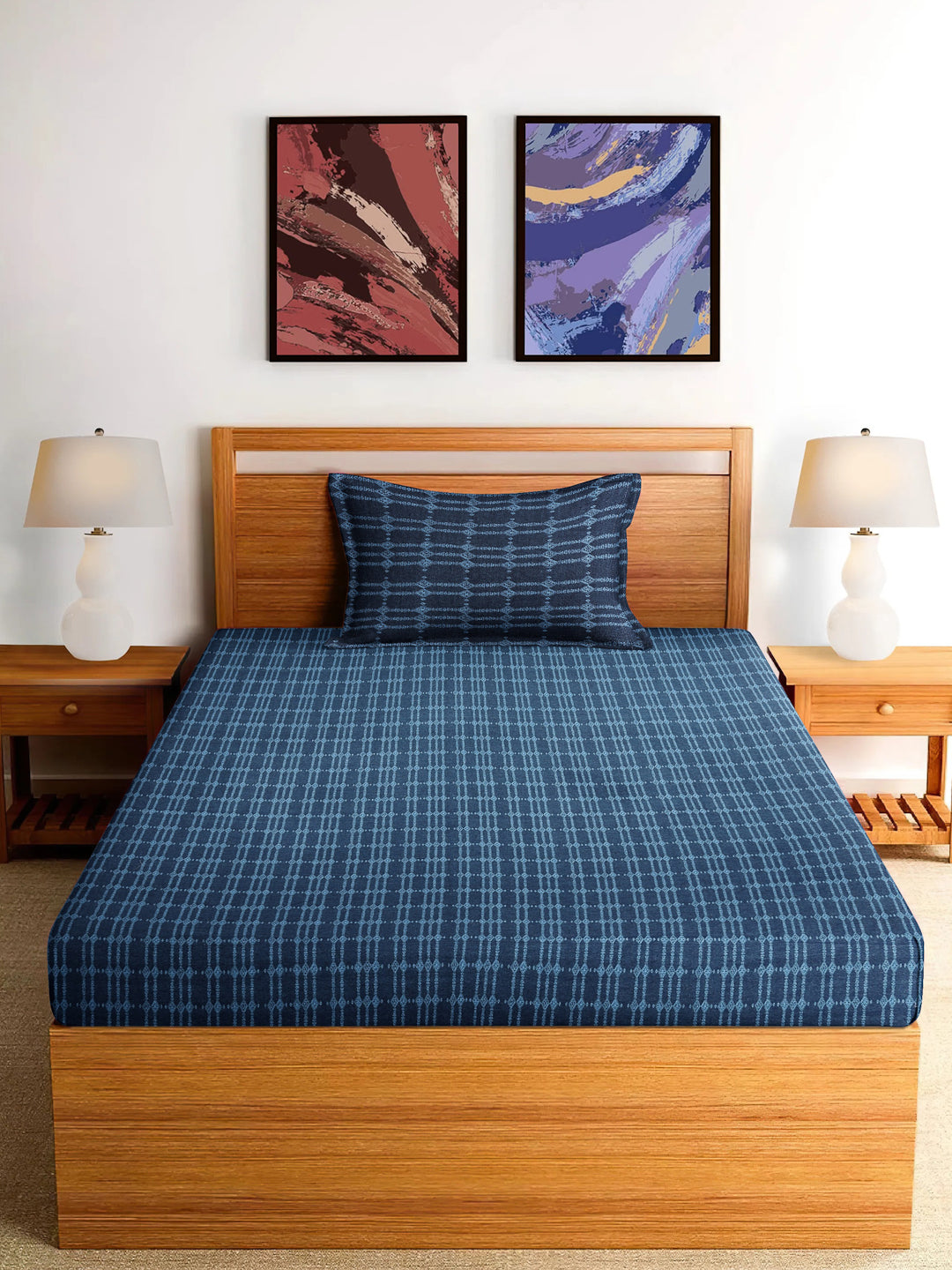 Arrabi Blue Geometric Handwoven Cotton Single Size Bedsheet with 1 Pillow Cover (225 x 150 cm)