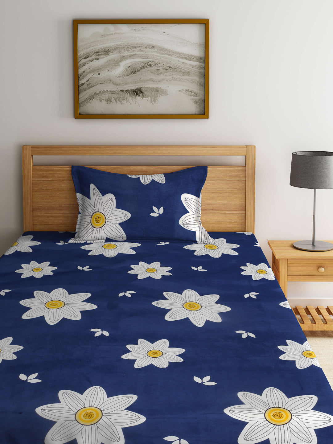 Arrabi Blue Floral TC Cotton Blend Single Size Bedsheet with 1 Pillow Cover (215 x 150 cm)