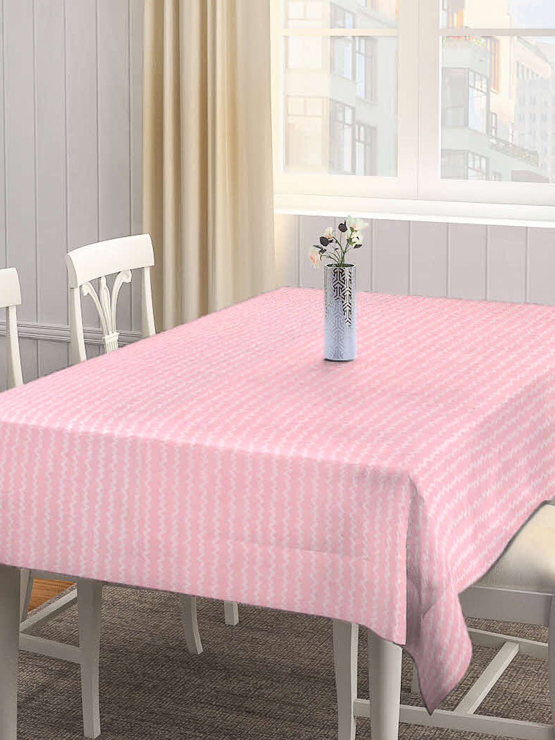 Arrabi Pink Stripes Cotton Blend 8 SEATER Table Cover (215 X 150 cm)