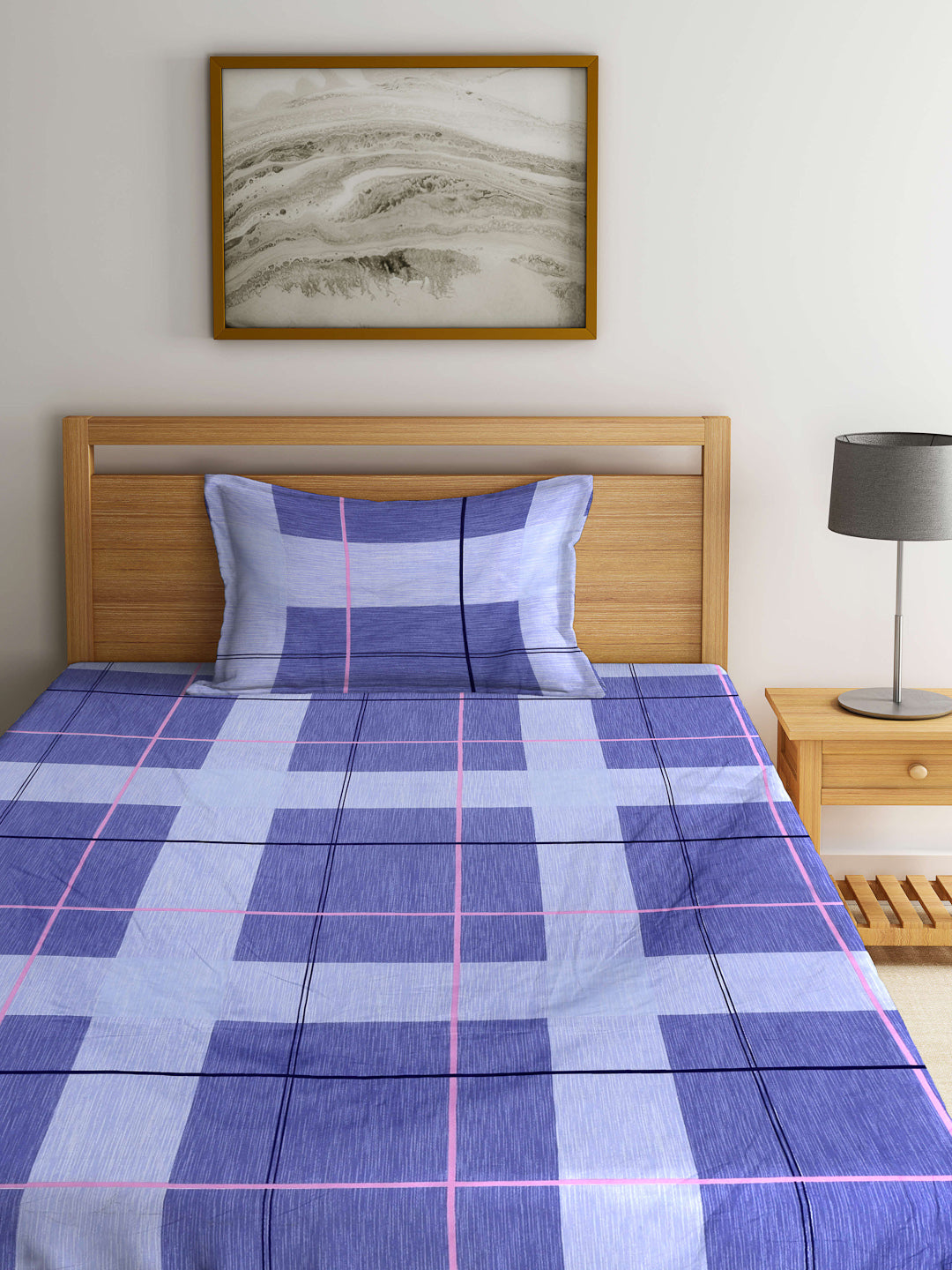 Arrabi Blue Geometric TC Cotton Blend Single Size Bedsheet with 1 Pillow Cover (215 x 150 cm)