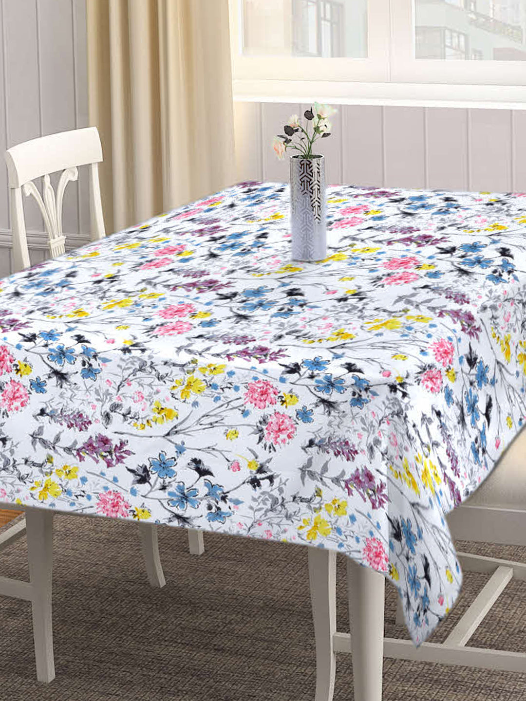 Arrabi White Floral Cotton Blend 6 SEATER Table Cover (180 X 130 cm)