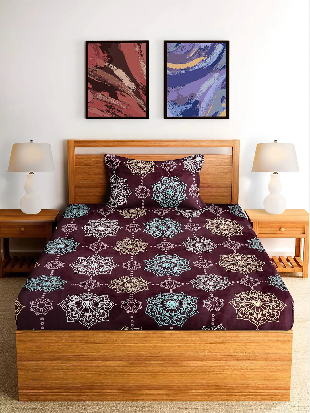 Arrabi Violet Indian TC Cotton Blend Single Size Bedsheet with 1 Pillow Cover (215 x 150 cm)