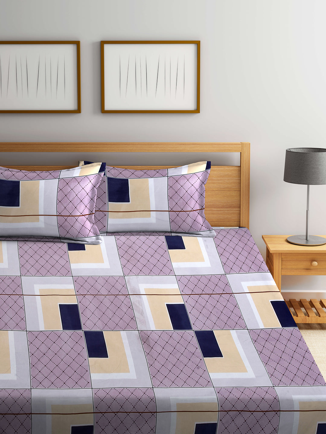 Arrabi Multi Geometric TC Cotton Blend King Size Bookfold Bedsheet with 2 Pillow Covers (250 X 215 cm)