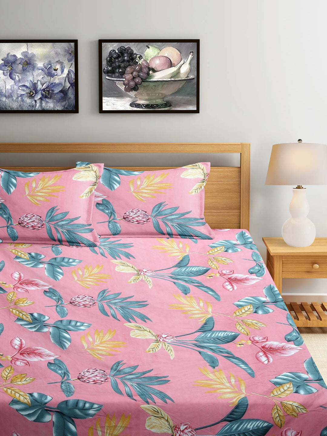 Arrabi Pink Floral TC Cotton Blend King Size Fitted Bedsheet with 2 Pillow Covers (250 X 215 Cm)