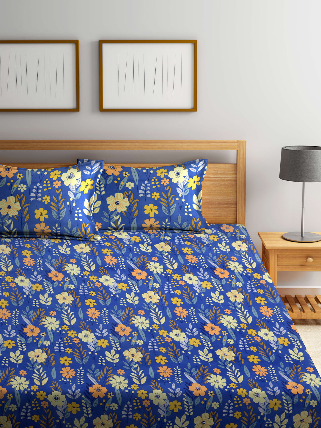 Arrabi Blue Floral TC Cotton Blend Super King Size Bedsheet with 2 Pillow Covers (270 x 260 cm)