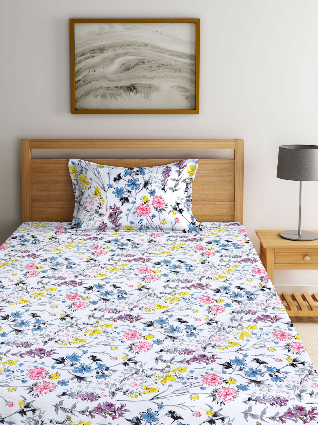 Arrabi White Floral TC Cotton Blend Single Size Fitted Bedsheet with 1 Pillow Cover (215 X 150 cm)