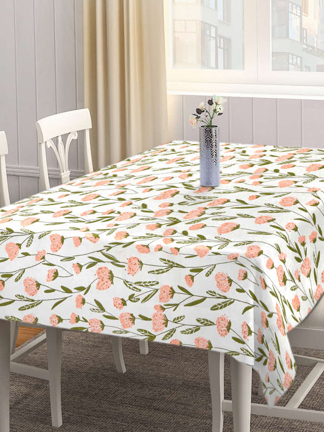 Arrabi Cream Floral Cotton Blend 6 SEATER Table Cover (180 X 130 cm)