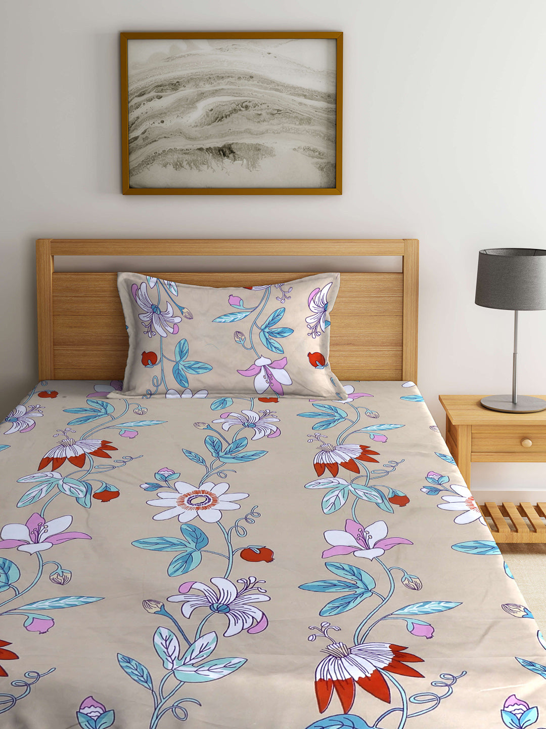 Arrabi Brown Floral TC Cotton Blend Single Size Bedsheet with 1 Pillow Cover (215 x 150 cm)