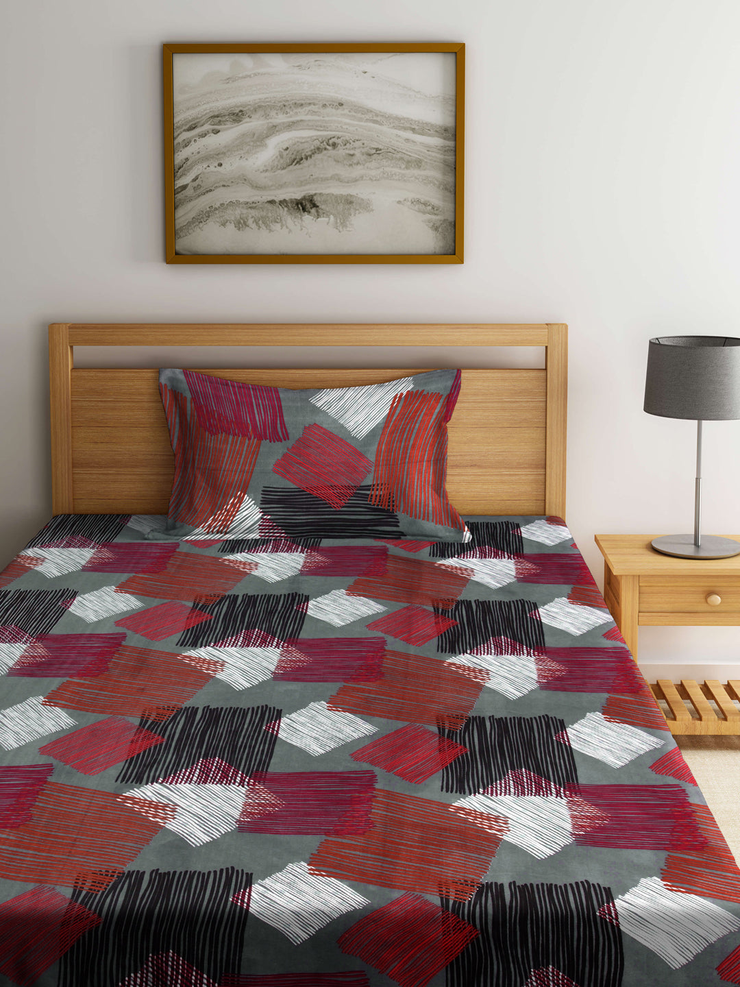 Arrabi Multi Abstract TC Cotton Blend Single Size Fitted Bedsheet with 1 Pillow Cover (220 X 150 cm)