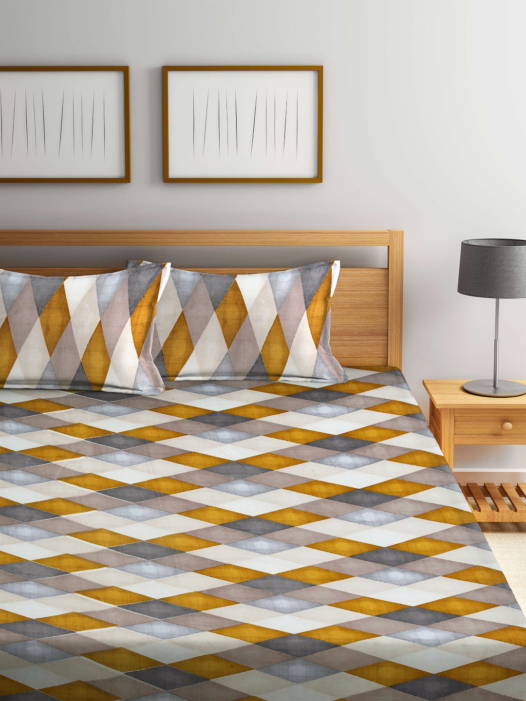 Arrabi Multi Geometric TC Cotton Blend King Size Bookfold Bedsheet with 2 Pillow Covers (250 X 220 cm)