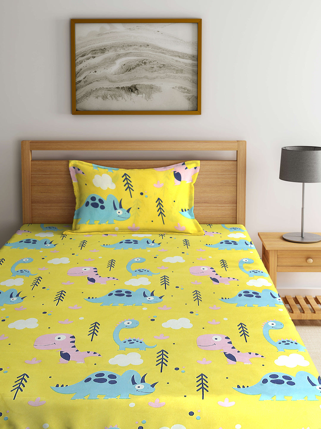 Arrabi Yellow Cartoon TC Cotton Blend Single Size Fitted Bedsheet with 1 Pillow Cover (215 X 150 cm)