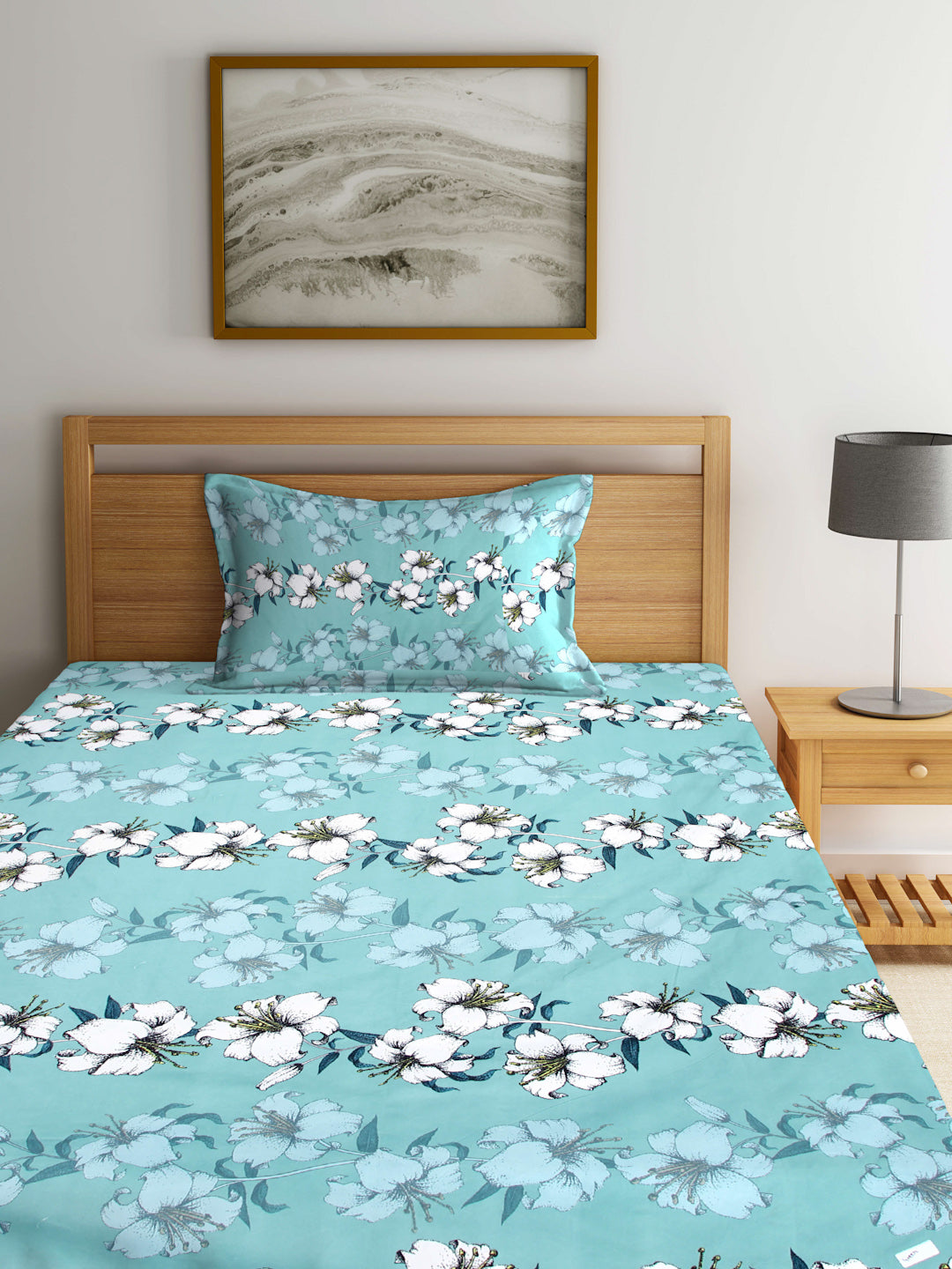 Arrabi Green Floral TC Cotton Blend Single Size Fitted Bedsheet with 1 Pillow Cover (215 X 150 cm)