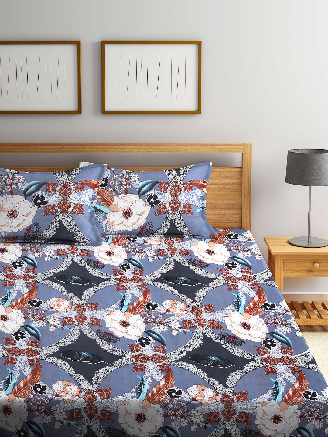 Arrabi Multi Floral TC Cotton Blend King Size Bookfold Bedsheet with 2 Pillow Covers (250 X 220 cm)