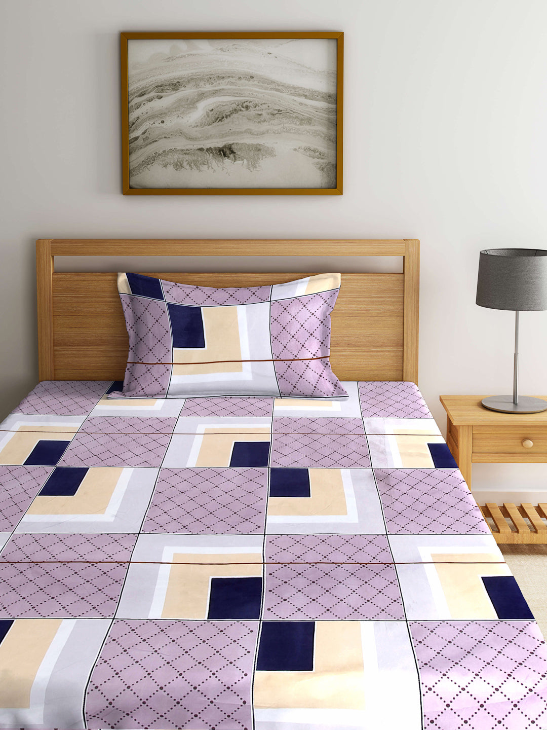 Arrabi Multi Geometric TC Cotton Blend Single Size Bedsheet with 1 Pillow Cover (215 x 150 cm)