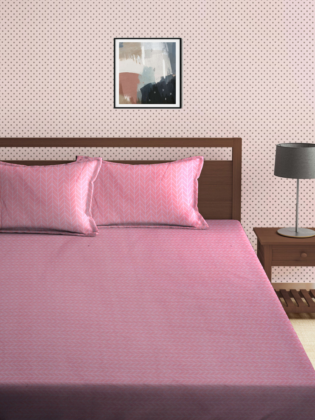 Arrabi Pink Graphic TC Cotton Blend King Size Bookfold Bedsheet with 2 Pillow Covers (250 X 220 cm)