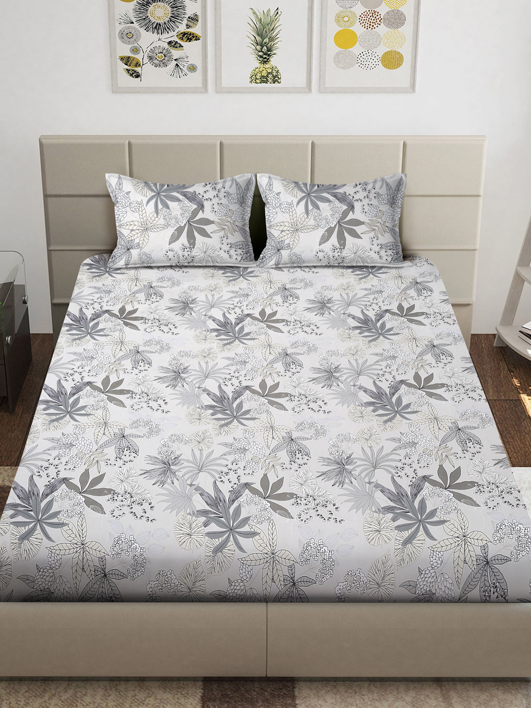 Arrabi Grey Floral TC Cotton Blend King Size Bedsheet with 2 Pillow Covers (250 x 215 cm)