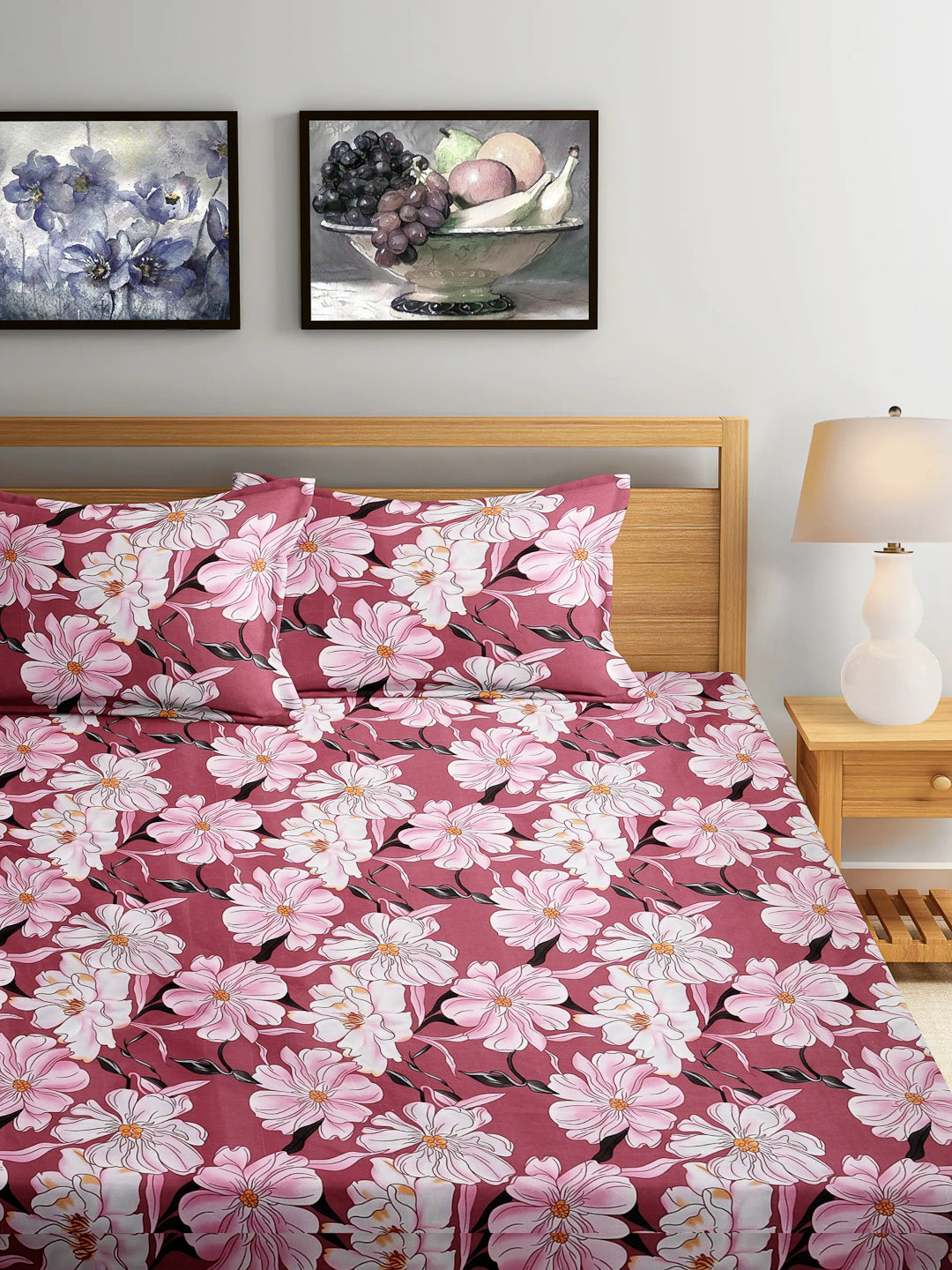 Arrabi Pink Floral TC Cotton Blend Super King Size Fitted Bedsheet with 2 Pillow Covers (270 X 260 Cm)