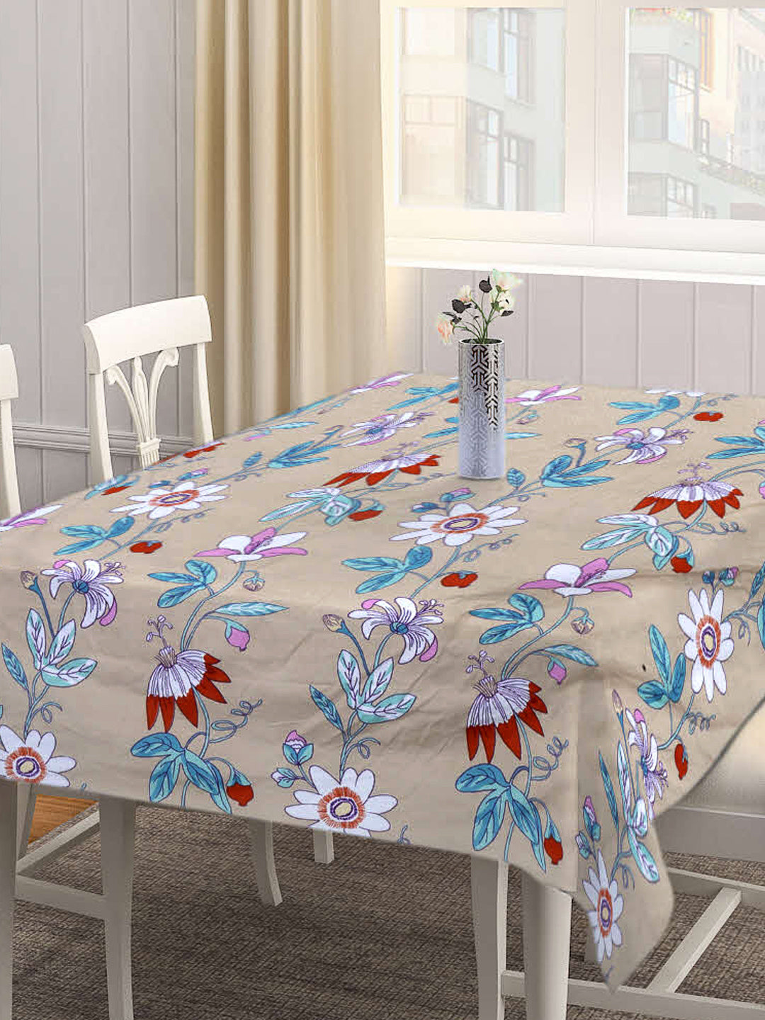 Arrabi Brown Floral Cotton Blend 8 SEATER Table Cover (215 X 150 cm)