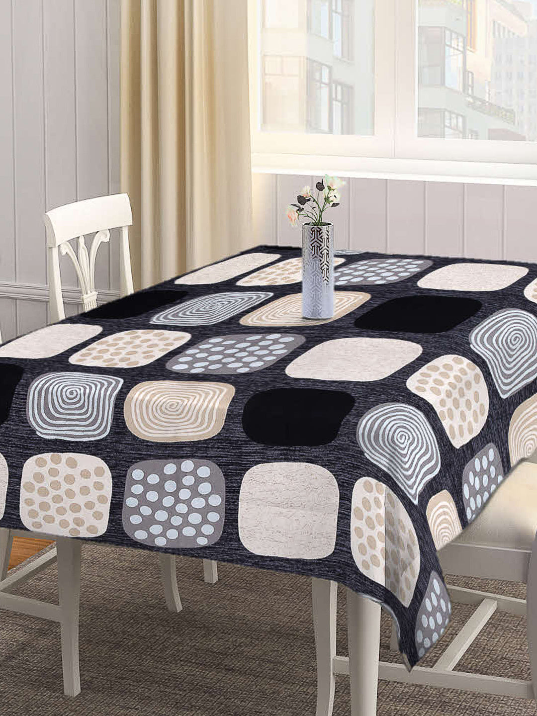 Arrabi Black Geometric Cotton Blend 8 SEATER Table Cover (215 X 150 cm)